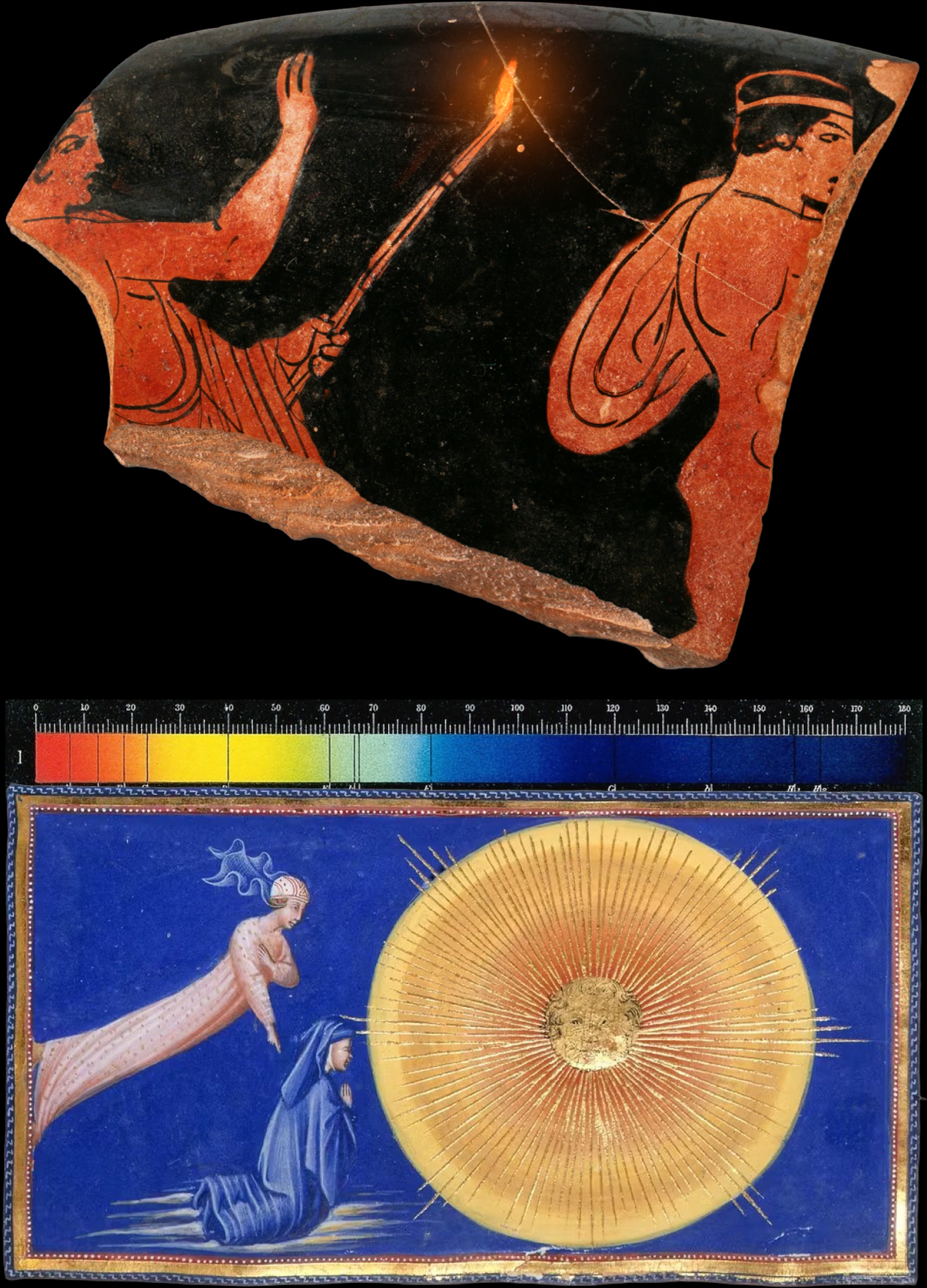Terracotta rim fragment of a kylix (drinking cup), mid-5th century BCE / Dante and Beatrice before the Light, 1444–1450